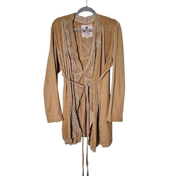 Johnny Was tan mixed material open front belted cardigan.  Size XL. - Picture 1 of 5